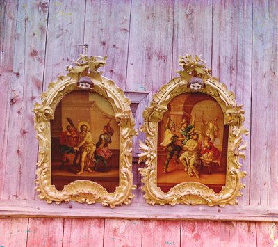 Two icons in the wooden Church of the Prophet Elijah at Belozersk, 1905-1915 by Sergey Prokudin Gorsky
